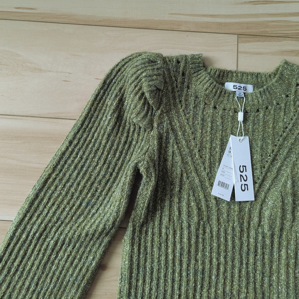 525 America Pointelle knit puff sleeve sweater wool blend green - Picture 5 of 8
